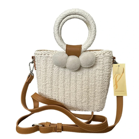 Straw Pom Pom White Mini Crossbody Bag BNWT - Picture 1 of 7